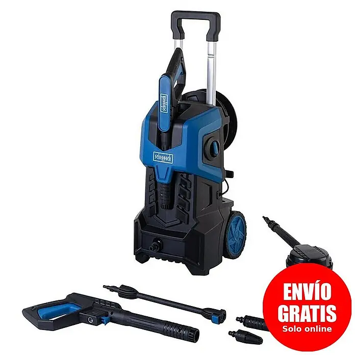 Scheppach Hidrolimpiadora de alta presión SHD180 - 180 bar, 2.400 W, Capacidad de bombeo: 480 l/h - Hidrolimpiadora azul y negra con mango telescópico, ruedas y accesorios de limpieza.