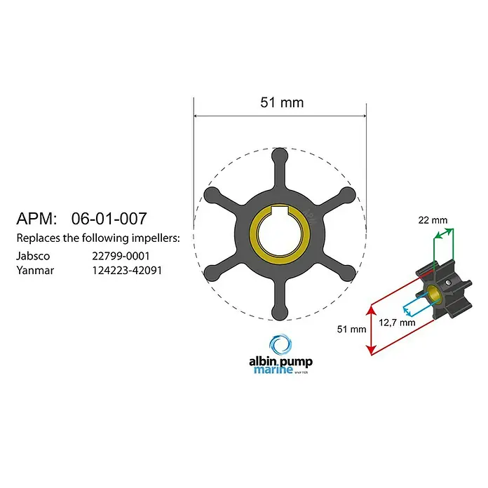Albin Pump Impeller PN 06-01-007 - Ø x L: 51 x 22 mm, Wellendurchmesser: 12,7 mm - Abbildung eines APM 06-01-007 Impellers mit den Maßen 51 mm Durchmesser und 22 mm Höhe, ersetzt Jabsco 22799-0001 und Yanmar 124223-42091.