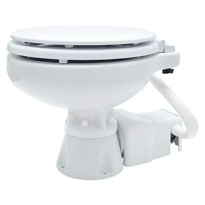 Albin Pump Bordtoilette Standard Electric EVO Kompakt Low 12V - L x B x H: 42,5 x 45 x 31 cm, Keramik - Das Bild zeigt eine Marinetoilette in Weiß, ideal für Boote und Yachten, die Komfort und Funktionalität auf See bietet.