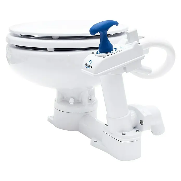 Albin Pump Bordtoilette Manuell Kompakt Low - L x B x H: 40 x 45 x 29 cm, Keramik - Nahaufnahme einer tragbaren Albin Pump Marine-Toilette mit blauem Griff und weißem Gehäuse, ideal für Boote und Camping.