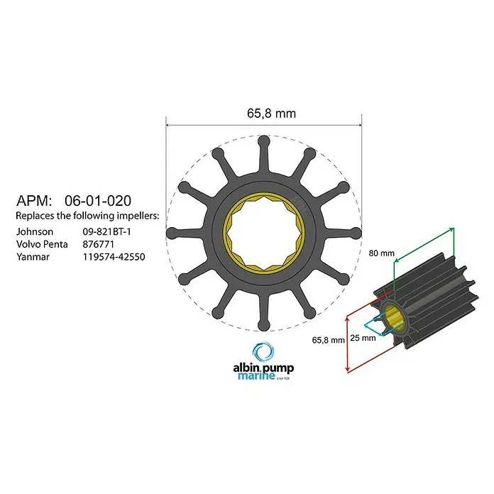 Albin Pump Impeller PN 06-01-020 - Ø x L: 65,8 x 80 mm, Wellendurchmesser: 25 mm - Abbildung eines APM 06-01-020 Marine Impellers, der Johnson-, Volvo Penta- und Yanmar-Impeller ersetzt.