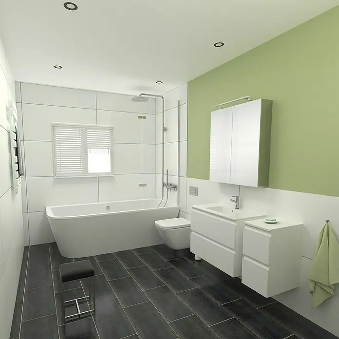 Camargue Espacio Badmöbel-Set J12 - 110 cm, Gama weiß matt - Ein modernes Badezimmer mit Badewanne, Waschtisch mit Stauraum, WC und schwarzen Bodenfliesen, akzentuiert durch eine grüne Wand.