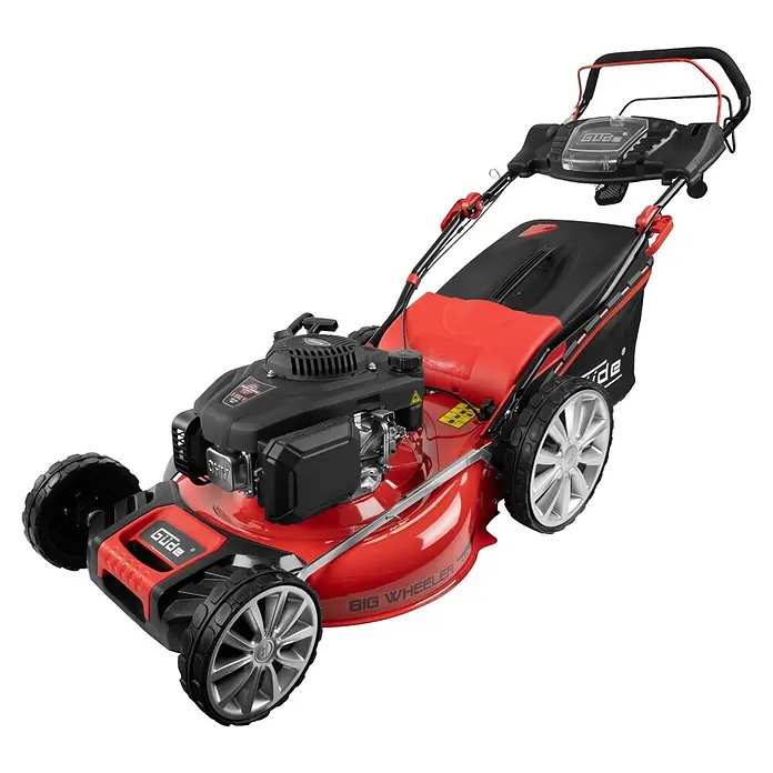 Güde Benzin-Rasenmäher 554.3R 5,03 - 3,7 kW - 5,03 kW, 196 cm³, Schnittbreite: 550 mm - Rot-schwarzer Benzin-Rasenmäher mit silbernen Rädern und Fangkorb.