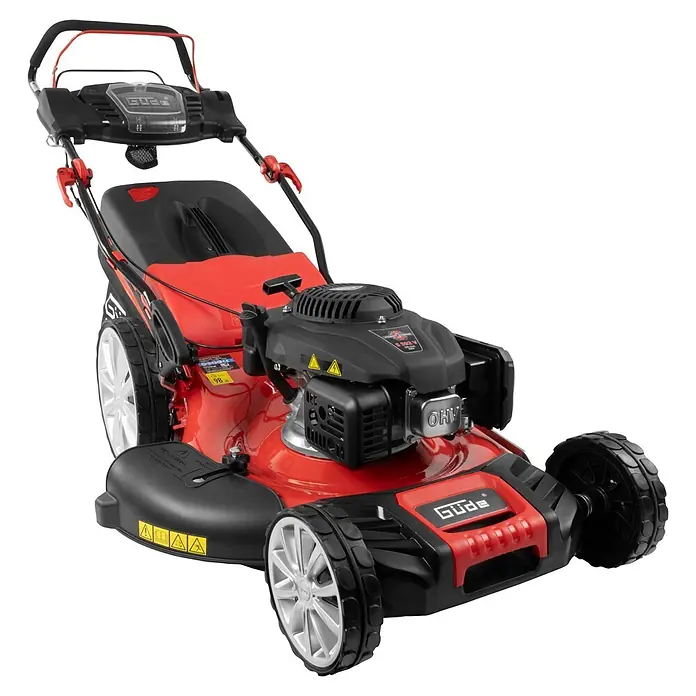 Güde Benzin-Rasenmäher 554.3R 5,03 - 3,7 kW - 5,03 kW, 196 cm³, Schnittbreite: 550 mm - Roter und schwarzer Benzinrasenmäher mit sichtbarem Motor und großen Rädern, einsatzbereit.
