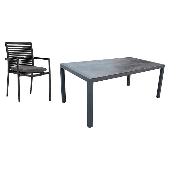 Acamp Gartenmöbel-Set New Jersey/Extensio fix - 5 -tlg., Aluminium, HPL, Acatex, Grau - Dunkelgrauer Outdoor-Stuhl mit Kissen und passendem rechteckigem Tisch.