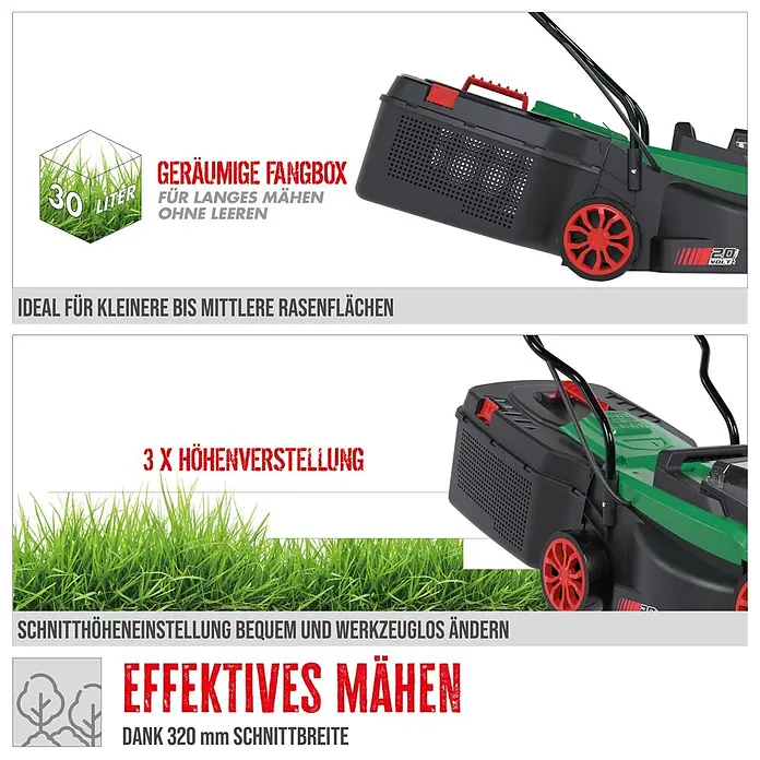 Güde Akku-Rasenmäher 320/20-4 - 20 V, 1 Akku, 4 Ah, Schnittbreite: 320 mm - Kabelloser grün-schwarzer Rasenmäher mit 30L Fangbox, 3-facher Schnitthöhenverstellung und 320mm Schnittbreite.