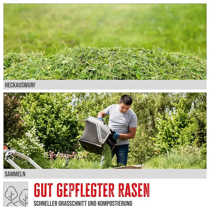 Güde Benzin-Rasenmäher Eco Wheeler 390 1,6 - 1,6 kW - 2 kW, 79,7 cm³, Schnittbreite: 390 mm - Abgeschnittenes Gras durch Heckauswurf und Mann entleert Fangkorb.