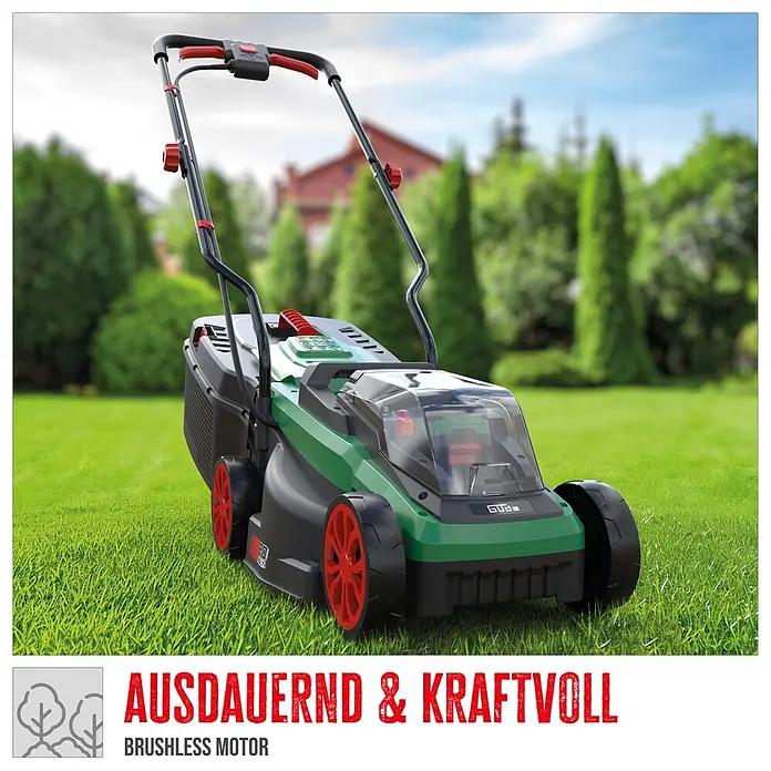 Güde Akku-Rasenmäher 320/20-4 - 20 V, 1 Akku, 4 Ah, Schnittbreite: 320 mm - Grün-schwarzer Rasenmäher mit roten Rädern und Griffen, mit bürstenlosem Motor für kraftvolle, ausdauernde Leistung.