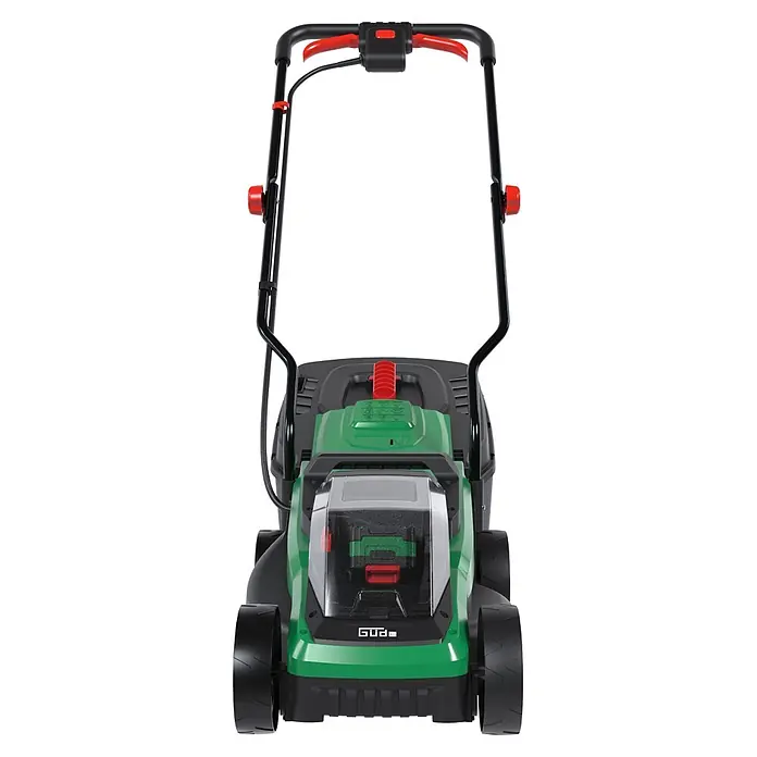 Güde Akku-Rasenmäher 320/20-4 - 20 V, 1 Akku, 4 Ah, Schnittbreite: 320 mm - Vorderansicht eines grün-schwarzen Akku-Rasenmähers mit roten Bedienelementen und großen Rädern.