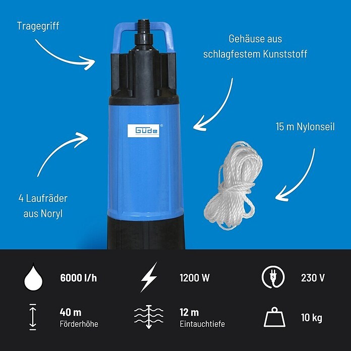 Güde Drucktauchpumpe GDT 1200 (1 200 W, Max. Fördermenge: 6 000 l/h) | BAUHAUS