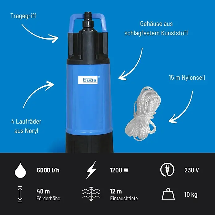 Güde Drucktauchpumpe GDT 1200 - 1.200 W, Max. Fördermenge: 6.000 l/h - Blaue und schwarze Tauchpumpe mit Tragegriff, schlagfestem Kunststoffgehäuse und 4 Noryl-Laufrädern. Fördert 6000 l/h, 1200 W, 230 V, 40 m Förderhöhe, 12 m Eintauchtiefe, 10 kg, 15 m Nylonseil.