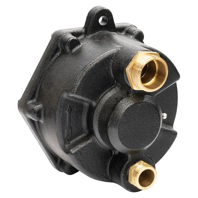 Güde Zapfwellenpumpe ZWP 180-20 - Max. Fördermenge: 10.800 l/h - Schwarzes, texturiertes Pumpen-/Ventilgehäuse mit zwei Messingrohranschlüssen.