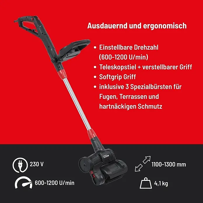 Güde Bodenreinigungsbürste GUB 160-500 - 500 W, Arbeitsbreite: 110 mm - Schwarz-roter elektrischer Fugenreiniger/Unkrautbürste mit Teleskopstiel und verschiedenen Bürsten auf rotem und dunkelgrauem Hintergrund.