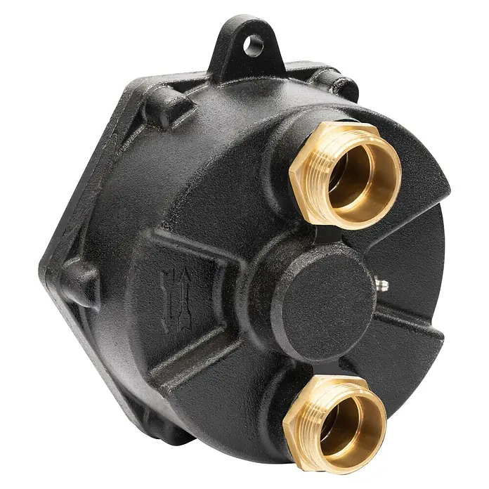 Güde Zapfwellenpumpe ZWP 280-30 - Max. Fördermenge: 16.800 l/h - Schwarzes, texturiertes Metall-Strömungselement mit zwei Messing-Gewindeanschlüssen.