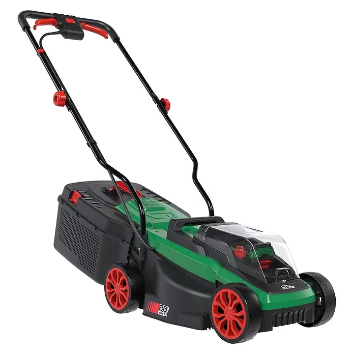 Güde Akku-Rasenmäher 320/20-4 - 20 V, 1 Akku, 4 Ah, Schnittbreite: 320 mm - Grüner und schwarzer Akku-Rasenmäher mit roten Rädern und Griff, transparentem Batteriefach.