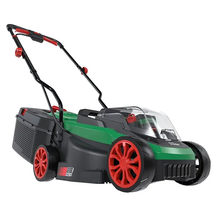 Güde Akku-Rasenmäher 320/20-4 - 20 V, 1 Akku, 4 Ah, Schnittbreite: 320 mm - Akku-Rasenmäher mit grün-schwarzem Gehäuse, roten Rädern und Griff, mit "20 VOLT Li-ion"-Beschriftung.