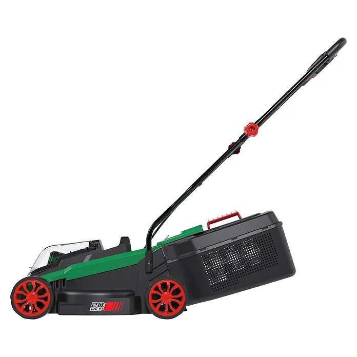 Güde Akku-Rasenmäher 320/20-4 - 20 V, 1 Akku, 4 Ah, Schnittbreite: 320 mm - Grüner und schwarzer Akku-Rasenmäher mit roten Rädern, verstellbarem Griff und Fangkorb, 20V Li-Ion-Antrieb.