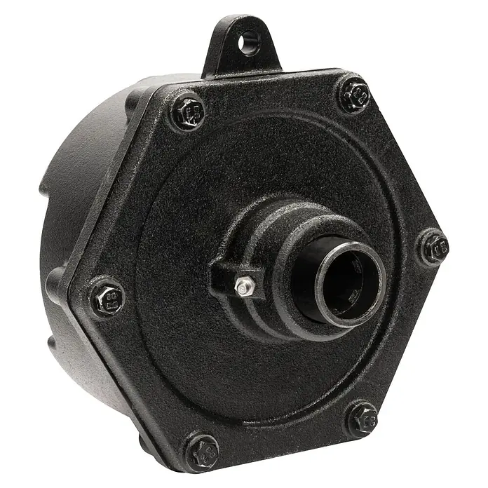 Güde Zapfwellenpumpe ZWP 280-30 - Max. Fördermenge: 16.800 l/h - Schwarzes, texturiertes Industrie-Bauteil mit sechseckiger Vorderseite, zentraler Wellenöffnung, Schrauben und Befestigungsöse.