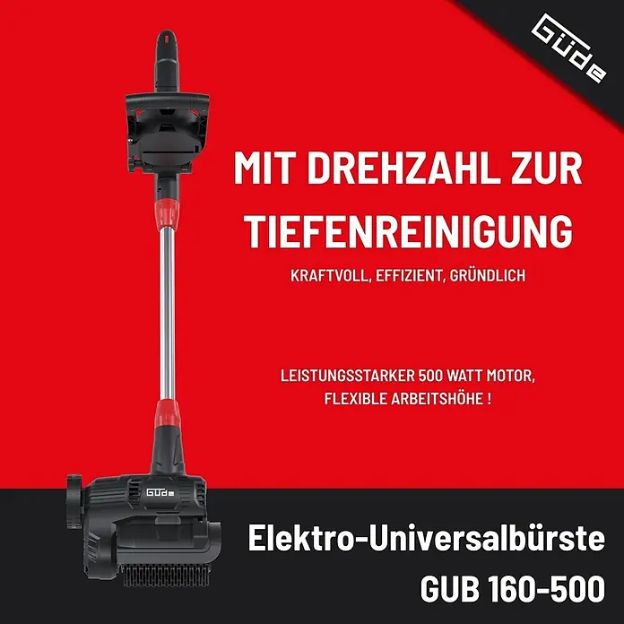 Güde Bodenreinigungsbürste GUB 160-500 - 500 W, Arbeitsbreite: 110 mm - Schwarze und rote Güde GUB 160-500 Elektro-Universalbürste mit langem Stiel und Bürstenkopf.