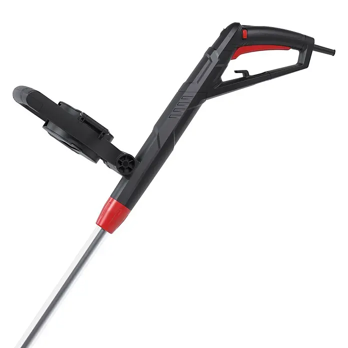 Güde Bodenreinigungsbürste GUB 160-500 - 500 W, Arbeitsbreite: 110 mm - Ergonomischer schwarz-roter Griff eines Reinigungs- oder Gartengeräts mit texturierter Oberfläche, rotem Auslöser und silbernem Schaft.