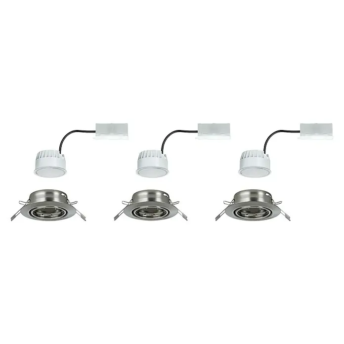Paulmann LED-Einbauleuchten-Set Base - 5 W, Eisen gebürstet, 3 Stk., Warmweiß - Nahaufnahme von drei modularen LED-Einbaustrahlern, die für moderne Beleuchtungslösungen konzipiert sind.