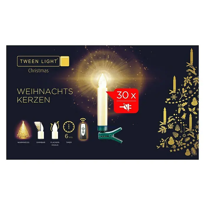 LED-Weihnachtskerzen - 110 mm, Elfenbein, Lichtfarbe: Warmweiß, Anzahl Leuchtmittel: 30 Stk., IP20 - Festliche Tween Light Weihnachtskerzen im 30er-Set, warmweiß, dimmbar mit Flacker-Modus und Timer für stimmungsvolle Weihnachten.
