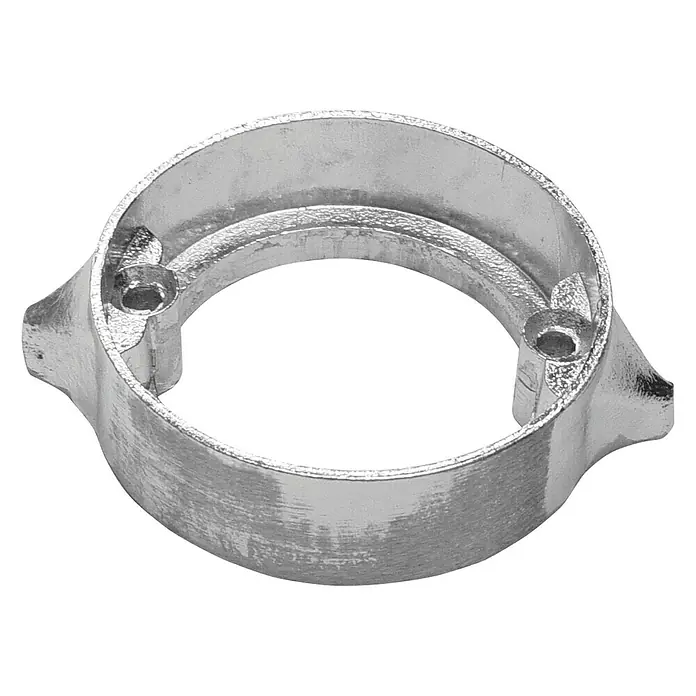 Propelleranode - Magnesium, Ø x H: 113 x 34 mm, Süß- & Brackwasser, Passend für: Volvo Penta Duoprop Propeller 280 -290 - Ein silberfarbener Rohrschellenadapter aus Metall mit Befestigungslöchern zur sicheren Verbindung von Rohren oder Stangen.