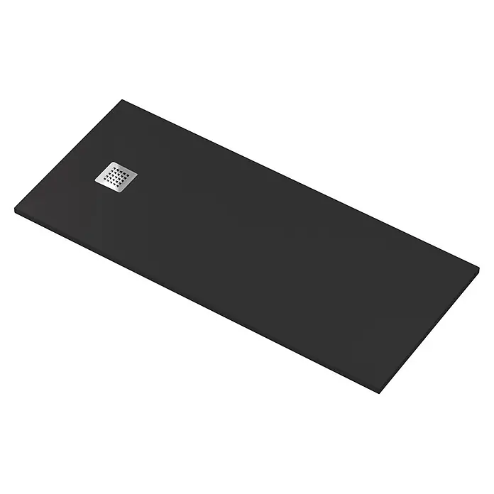 Plato de ducha Liso - L x An: 80 x 120 cm, Material compuesto, Negro - Plato de ducha texturizado gris oscuro con desagüe metálico cuadrado.