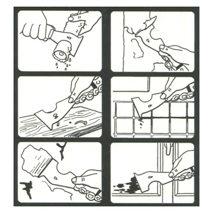 Lehnartz Abscherspachtel Multi 6-in-1 - Klingenbreite: 8 cm - Illustrationen zeigen die Verwendung eines Werkzeugs zum Entfernen von Farbe, Kleber und anderen Materialien von Oberflächen wie Holz und Fliesen.