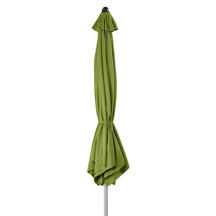 Doppler Active Marktschirm rund Auto Tilt - Fresh Green, Durchmesser Bespannung: 320 cm - Ein geschlossener, olivgrüner Sonnenschirm mit einem grauen Schirmstock, ideal für den Garten oder die Terrasse.