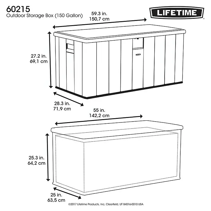 Lifetime Gartenbox - L x B x H: 151 x 72 x 69 cm, Kunststoff, 570 l, Dunkelgrau - Abbildung einer Lifetime Outdoor-Aufbewahrungsbox (150 Gallonen) mit den Maßangaben in Zoll und Zentimetern.