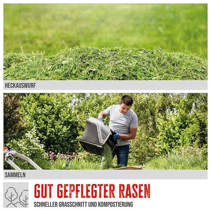 Güde Elektro-Rasenmäher 320/1300 - 1,3 kW, Schnittbreite: 320 mm - Effiziente Rasenpflege: gemähtes Gras als Heckauswurf und ein Mann leert einen schwarzen Fangkorb.