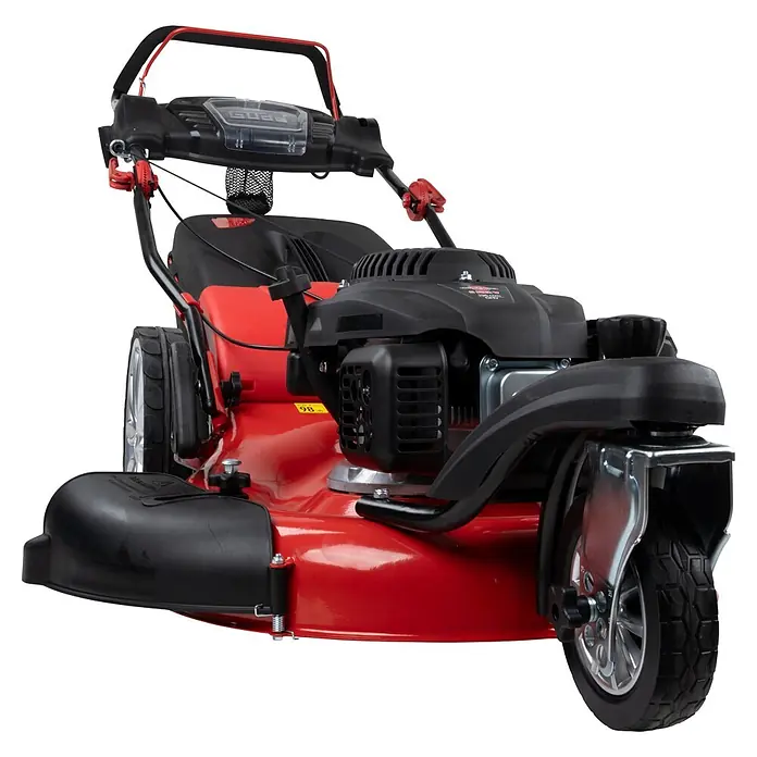 Güde Benzin-Rasenmäher BW 554.2 R Trike - 196 cm³, Schnittbreite: 550 mm - Roter Rasenmäher mit schwarzem Motor und Lenker, silbernen Rädern.