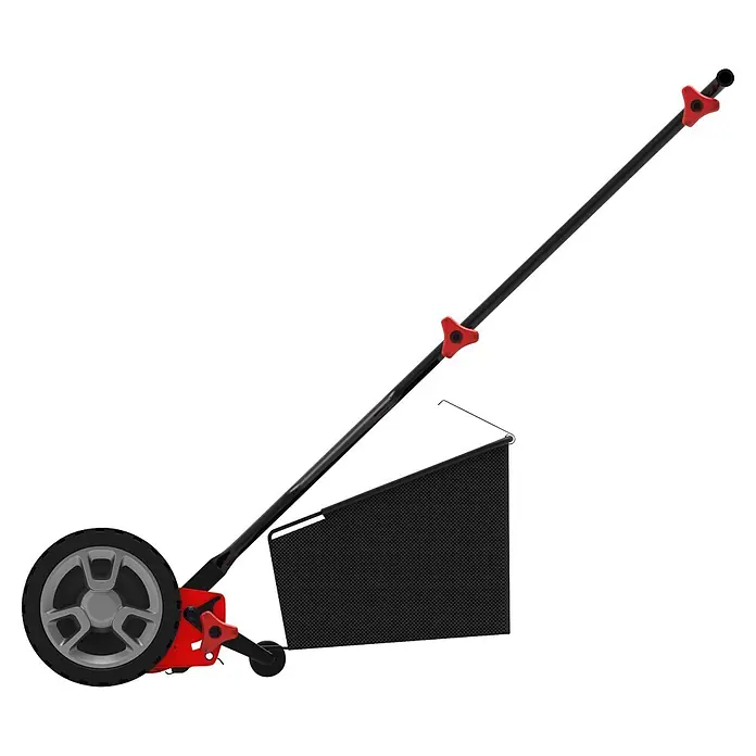 Güde Spindelmäher GSPM 380 - Schnittbreite: 380 mm - Ein schwarzes und rotes Distanzmessrad mit großem grauem Rad, verstellbarer Stange und schwarzer Stoffsammeltasche.