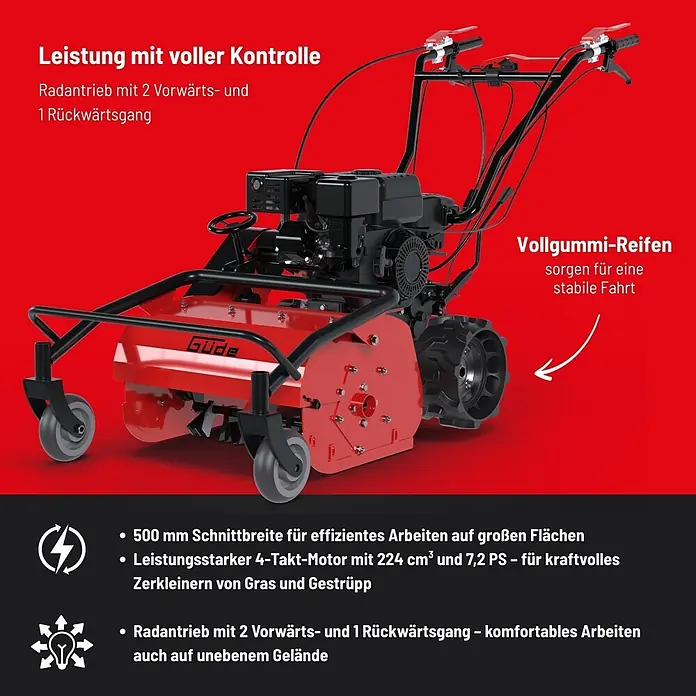 Güde Benzin-Schlegelmulcher GSM 500 - 5,3 kW - 7,2 kW, 224 cm³, Schnittbreite: 500 mm - Rot-schwarze motorisierte Gartenfräse mit Radantrieb und Vollgummireifen zum Zerkleinern von Gras und Gestrüpp.