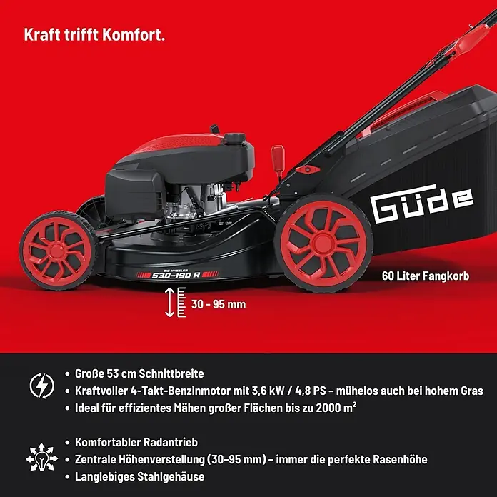 Güde Benzin-Rasenmäher Bigwheeler 530-190R - 3,6 kW - 4,8 kW, 190 cm³, Schnittbreite: 530 mm - Schwarz-roter Benzinrasenmäher mit 53 cm Schnittbreite, zentraler Höhenverstellung und 60 Liter Fangkorb.