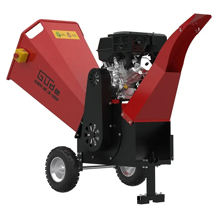 Güde Benzin-Häcksler GBH 16.3-150 - Max. Aststärke: 150 mm, Hubraum: 500 cm³ - Roter und schwarzer Benzin-Holzhäcksler mit offenem Einfülltrichter, sichtbarem Motor und Rädern zur Gartenabfallzerkleinerung.