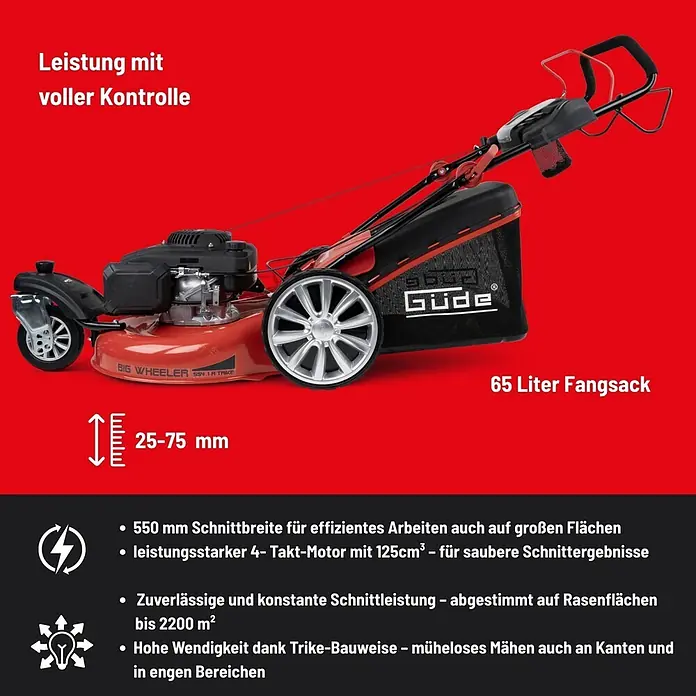 Güde Benzin-Rasenmäher BW 554.2 R Trike - 196 cm³, Schnittbreite: 550 mm - Roter und schwarzer selbstfahrender Rasenmäher mit Trike-Bauweise, silbernen Rädern und großem Fangkorb.