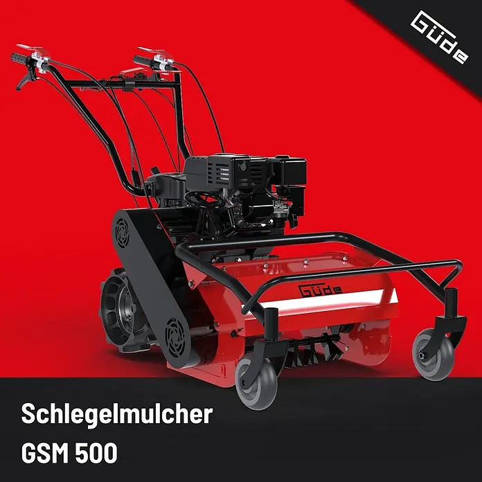 Güde Benzin-Schlegelmulcher GSM 500 - 5,3 kW - 7,2 kW, 224 cm³, Schnittbreite: 500 mm - Roter und schwarzer Güde GSM 500 Schlegelmulcher mit Motor und Griffen, zum Mulchen konzipiert.