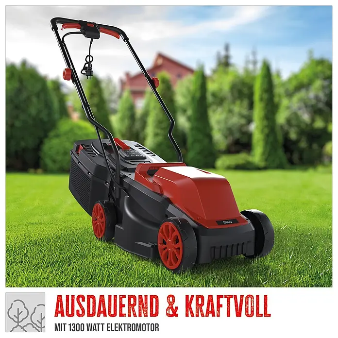 Güde Elektro-Rasenmäher 320/1300 - 1,3 kW, Schnittbreite: 320 mm - Roter und schwarzer Elektromäher mit Stromkabel im Freien.