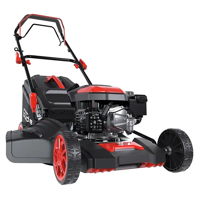Güde Benzin-Rasenmäher Eco Wheeler 462.2R - 2,5 W - 3,4 W, 144 cm³, Schnittbreite: 460 mm - Schwarz-roter Benzinrasenmäher mit OHV-Motor und großen Rädern, von vorne rechts gesehen.