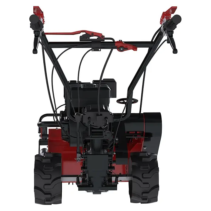 Güde Benzin-Schlegelmulcher GSM 500 - 5,3 kW - 7,2 kW, 224 cm³, Schnittbreite: 500 mm - Roter und schwarzer Einachsschlepper, Rückansicht mit Lenker, Motor und großen Profilreifen.