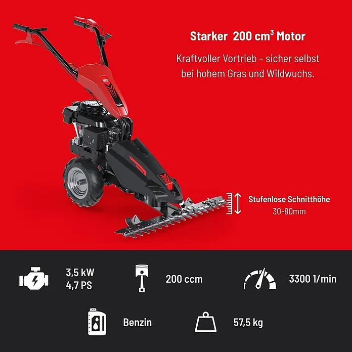 Güde Frontbalkenmäher GBM 870-200 -  - Roter und schwarzer Balkenmäher mit 200 cm³ Motor, stufenloser Schnitthöhe 30-80mm und 57,5 kg Gewicht.