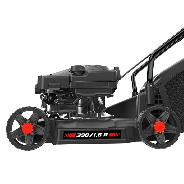 Güde Benzin-Rasenmäher Eco Wheeler 390 1,6 - 1,6 kW - 2 kW, 79,7 cm³, Schnittbreite: 390 mm - Seitenansicht eines schwarzen Benzin-Rasenmähers mit robustem Motor, großen Rädern und roten Mittelverstellern.