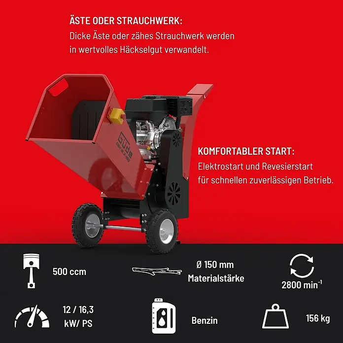 Güde Benzin-Häcksler GBH 16.3-150 - Max. Aststärke: 150 mm, Hubraum: 500 cm³ - Roter Gartenhäcksler auf Rädern mit starkem Motor, zum Zerkleinern von Ästen bis 150mm Materialstärke.