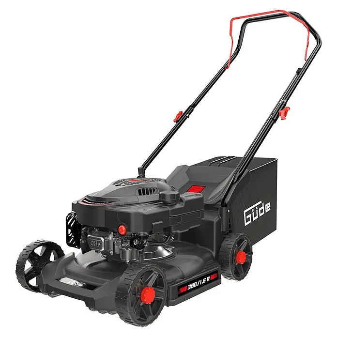 Güde Benzin-Rasenmäher Eco Wheeler 390 1,6 - 1,6 kW - 2 kW, 79,7 cm³, Schnittbreite: 390 mm - Schwarzer und roter Rasenmäher mit Motor, großen Rädern und Heckfangsack.