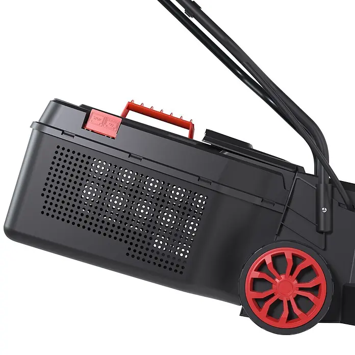 Güde Elektro-Rasenmäher 320/1300 - 1,3 kW, Schnittbreite: 320 mm - Nahaufnahme eines dunkelgrauen Rasenmähers mit roten Rädern, rotem Griff und 'STOP/GO'-Tasten, mit perforierter Seitenwand.