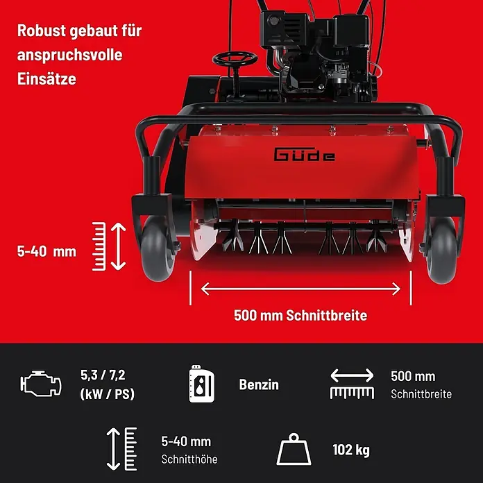Güde Benzin-Schlegelmulcher GSM 500 - 5,3 kW - 7,2 kW, 224 cm³, Schnittbreite: 500 mm - Roter und schwarzer Benzin-Vertikutierer mit robustem Metallgehäuse, Vorderrädern und sichtbaren Klingen für anspruchsvolle Einsätze.