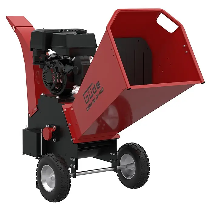 Güde Benzin-Häcksler GBH 16.3-150 - Max. Aststärke: 150 mm, Hubraum: 500 cm³ - Roter und schwarzer Gartenhäcksler mit Motor, großem Trichter und Rädern für den mobilen Einsatz.