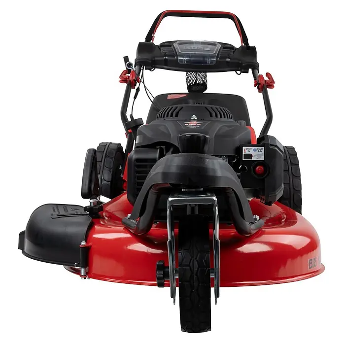 Güde Benzin-Rasenmäher BW 554.2 R Trike - 196 cm³, Schnittbreite: 550 mm - Roter Benzinrasenmäher mit schwarzer Motorabdeckung und schwarz-rotem Griff, von vorne gesehen.